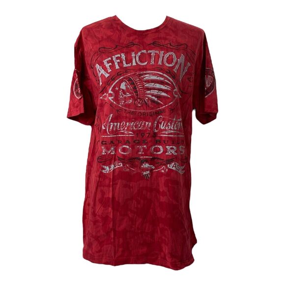 Affliction Men XL Shirt Crew Neck American Customs Indian Chief Skull Red Wash - Picture 1 of 9
